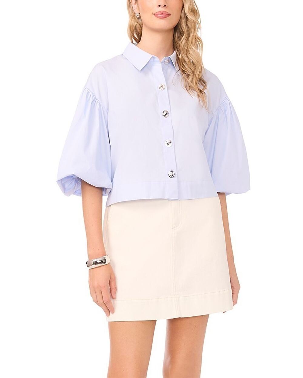 Vince Camuto Women's Bubble Short-Sleeve Button-Up Shirt Blue Size M 1973